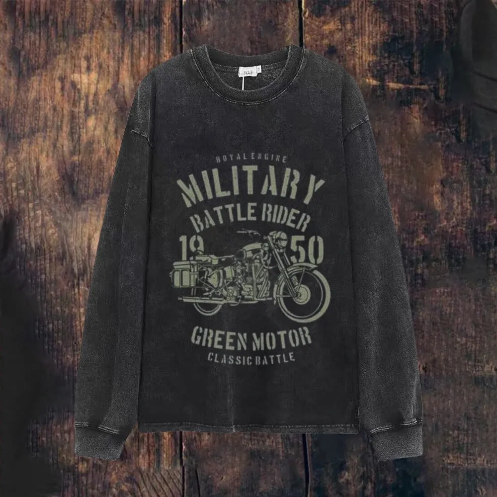 Mens Vintage Military Ride Motorcycle Print Sweatshirt