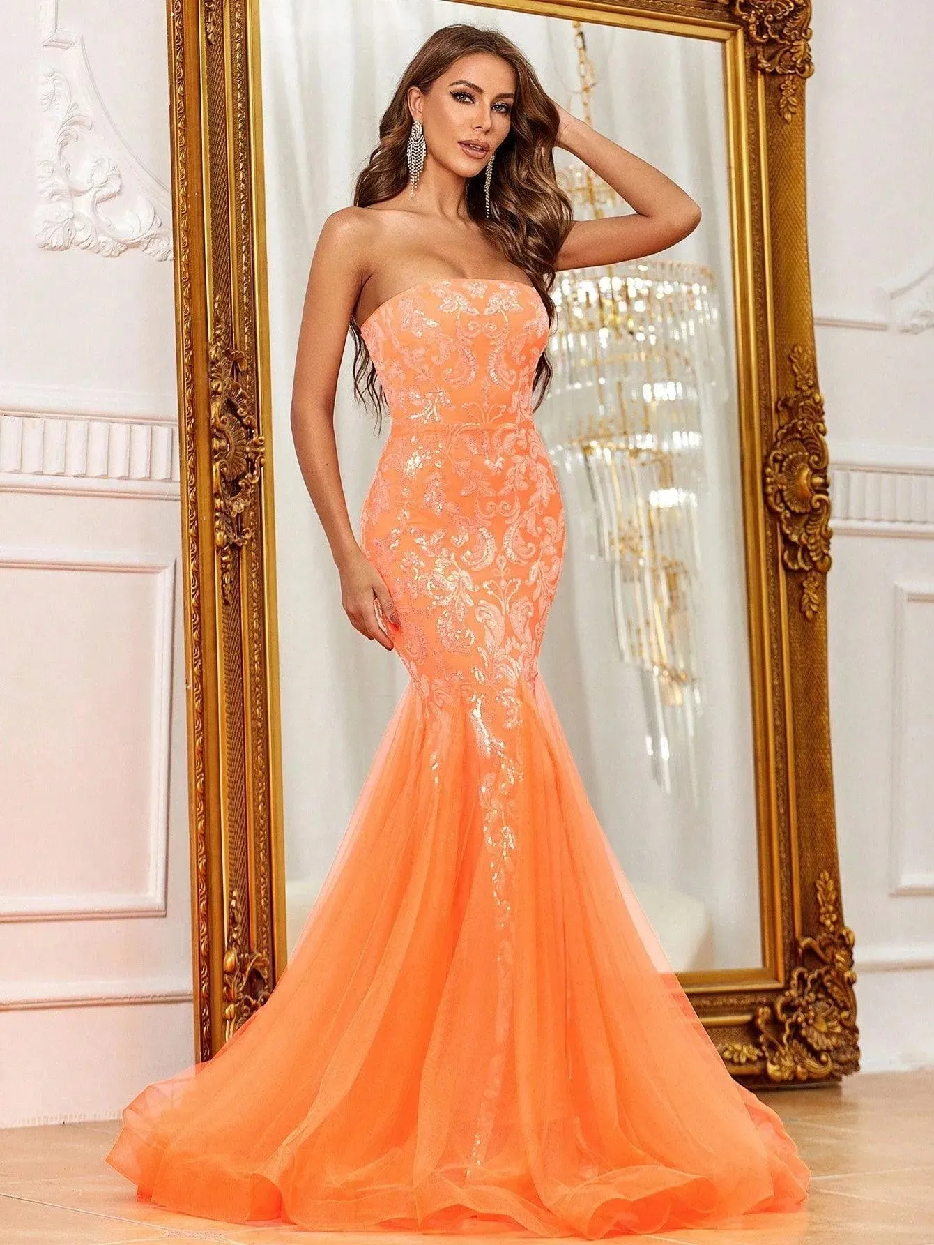 Mesh Insert Mermaid Hem Sequin Tube Dress