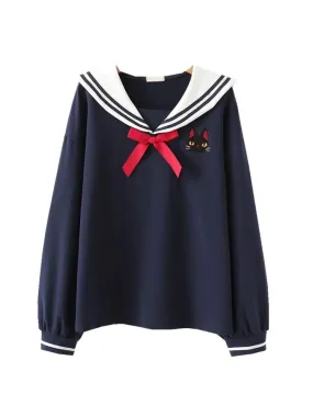 Metaversmall Japan Style Cute Women Sweatshirts Cartoon Cat Embroidery Hoodies Long Sleeve Sailor Collar Sweet Girl Pullovers Tracksuits