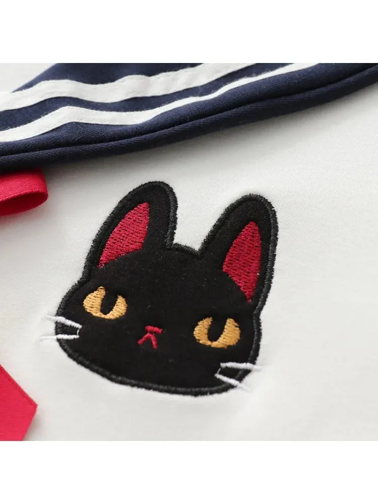 Metaversmall Japan Style Cute Women Sweatshirts Cartoon Cat Embroidery Hoodies Long Sleeve Sailor Collar Sweet Girl Pullovers Tracksuits