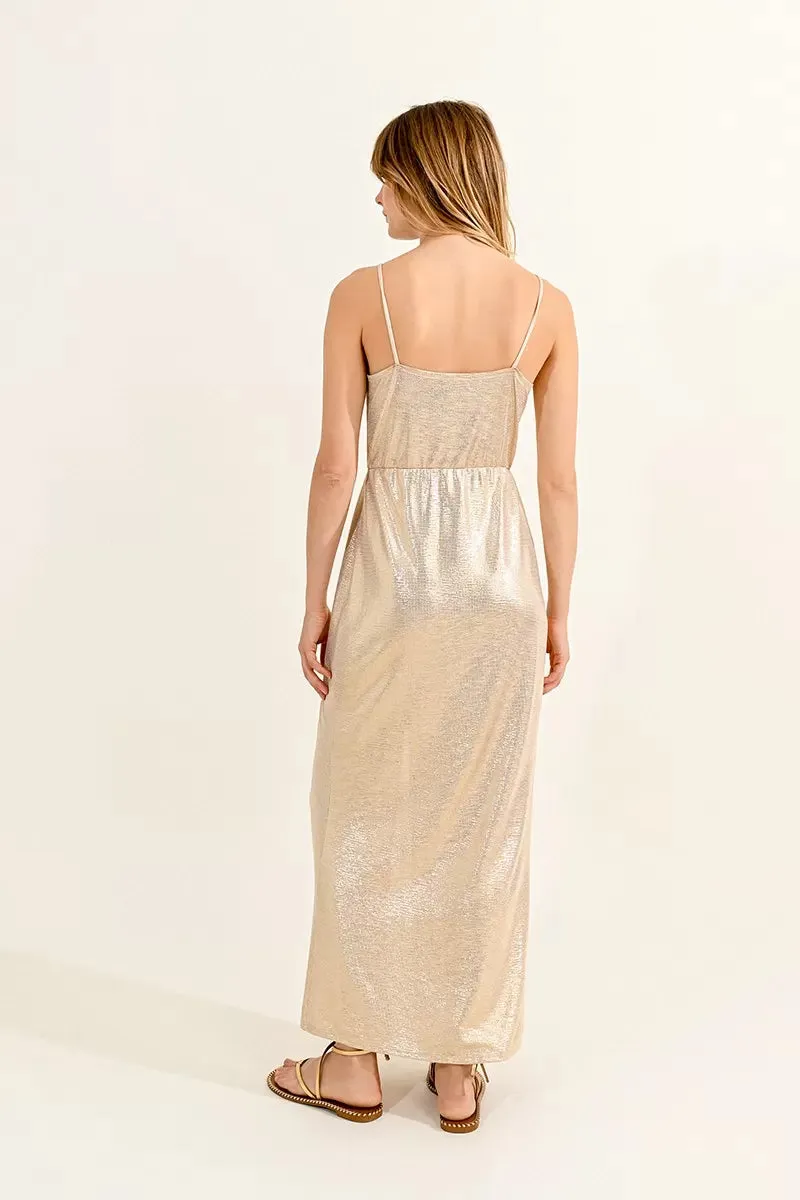 Molly Bracken Long Gold Shimmery Cocktail Dress