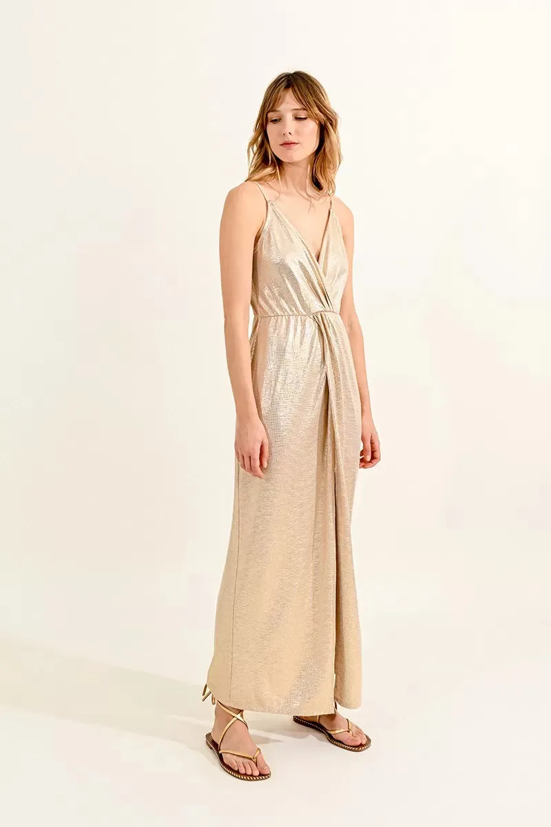 Molly Bracken Long Gold Shimmery Cocktail Dress