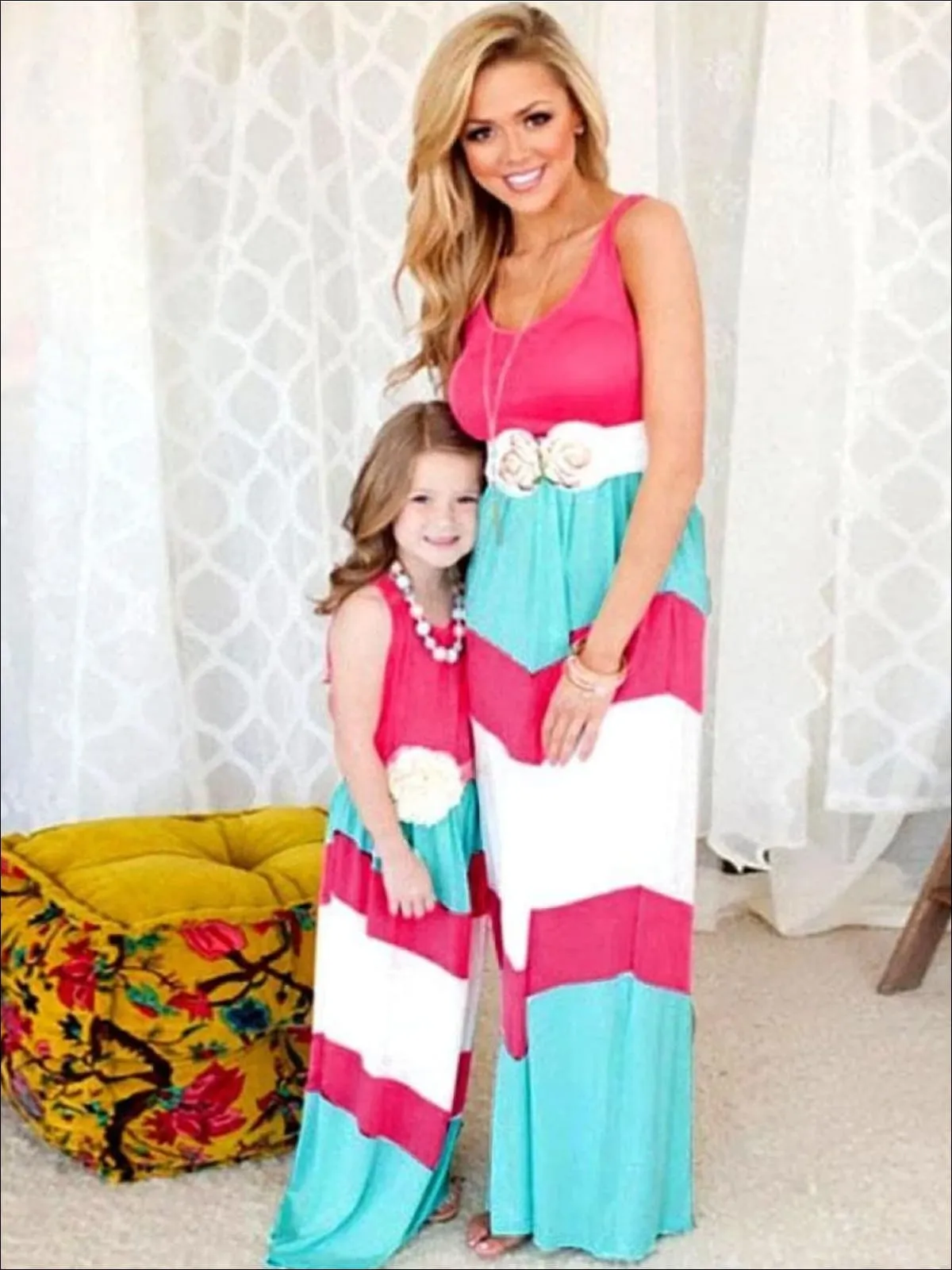 Mommy and Me Pink, Blue and White Chevron Maxi Dress