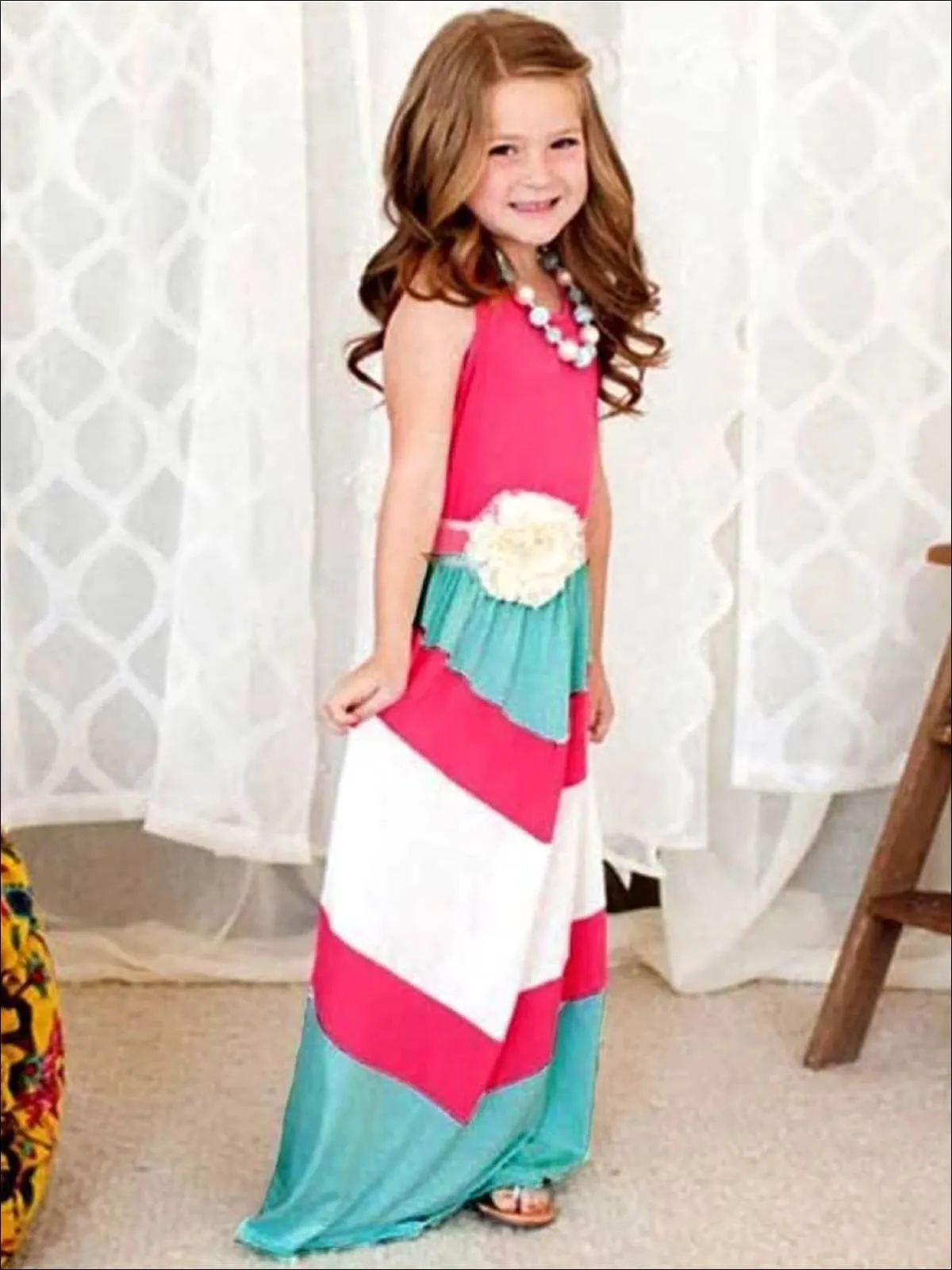 Mommy and Me Pink, Blue and White Chevron Maxi Dress