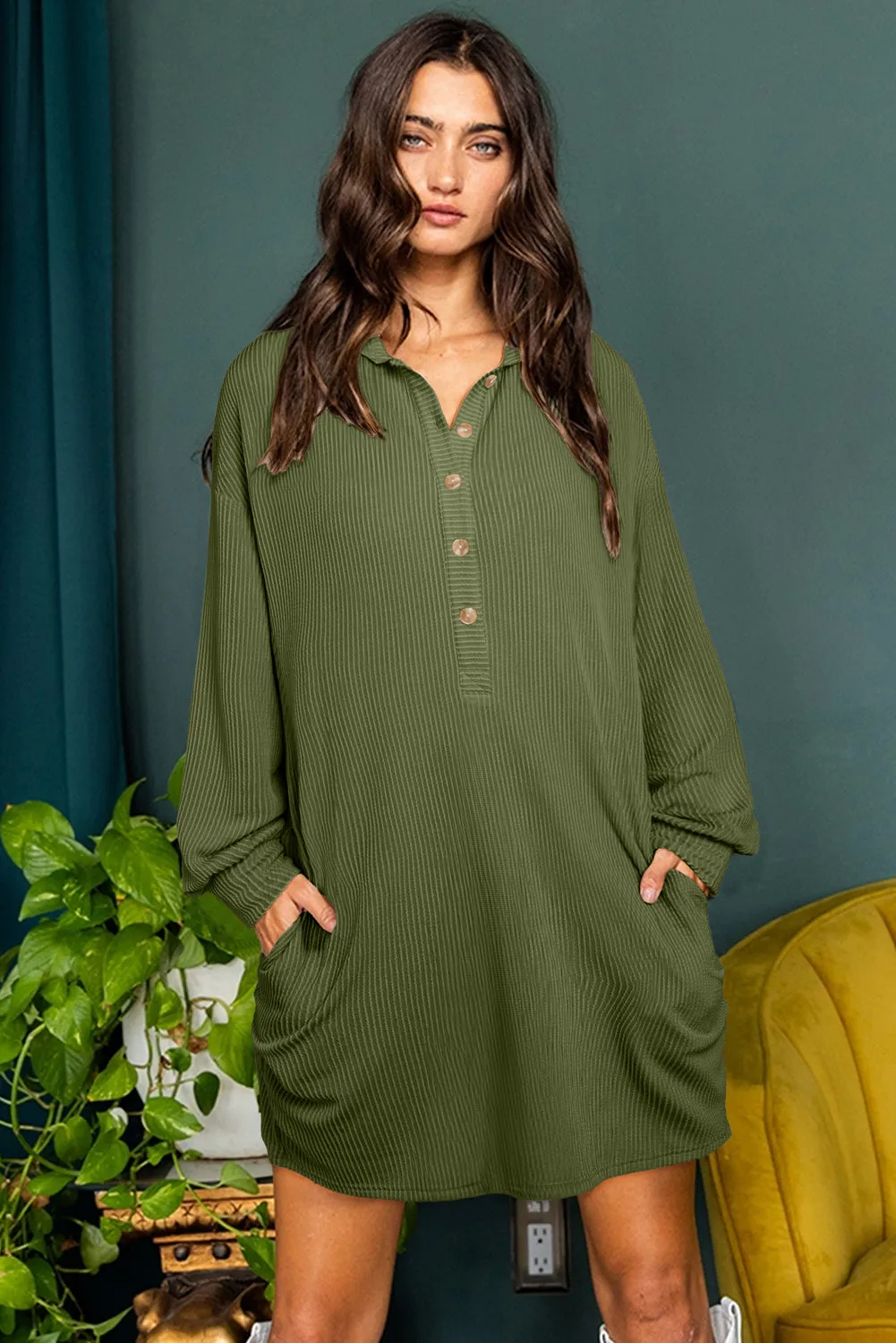 Moss Green Corded Buttons Placket Collared Shift Dress