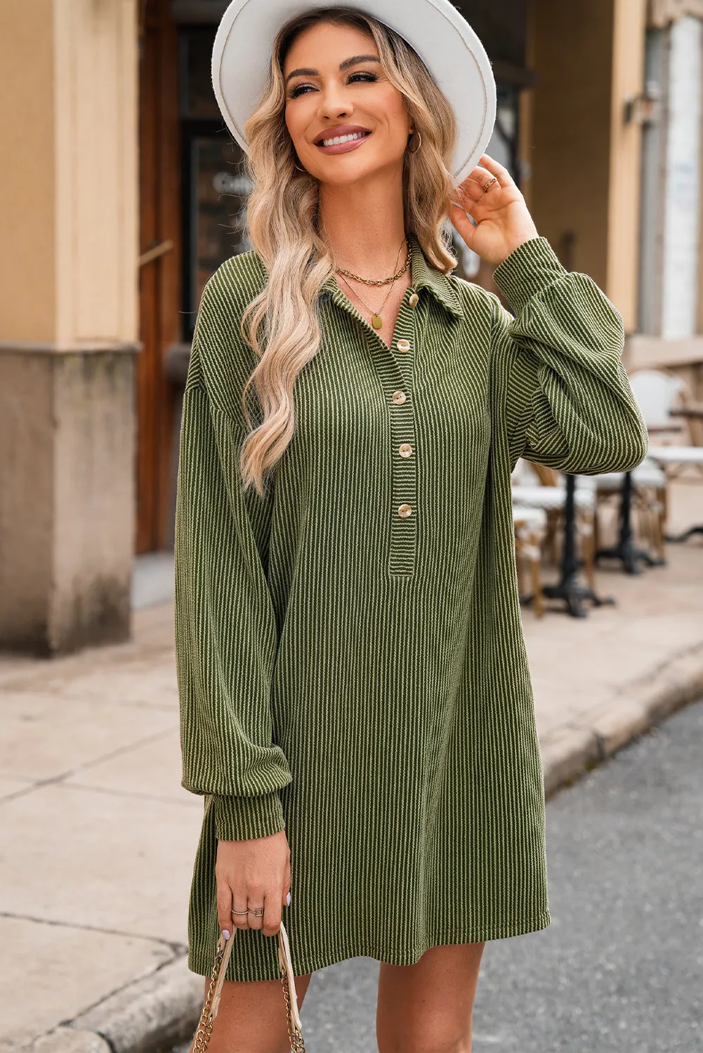 Moss Green Corded Buttons Placket Drop Shoulder Collared Shift Dress