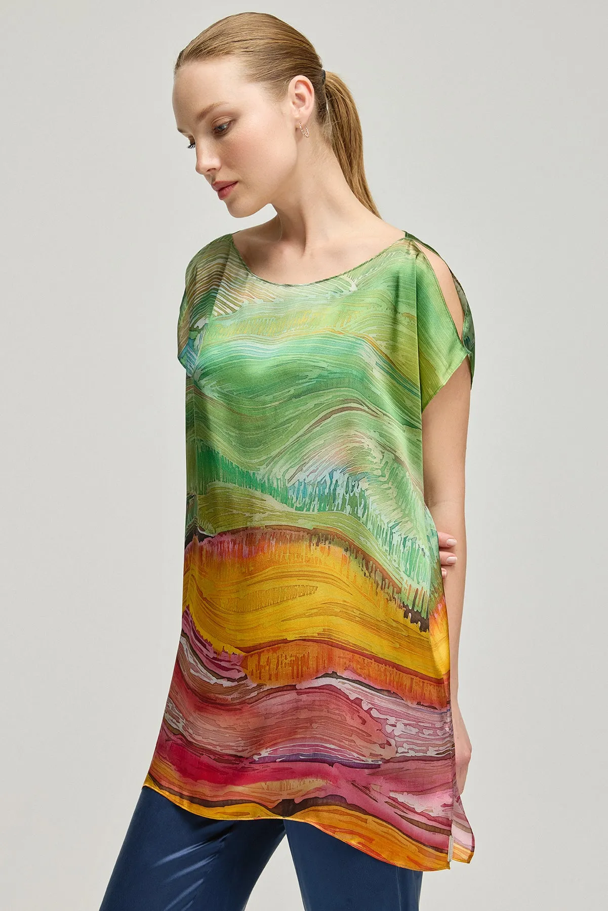 Multi Color Nature Silk Printed Short Sleeve Tunic