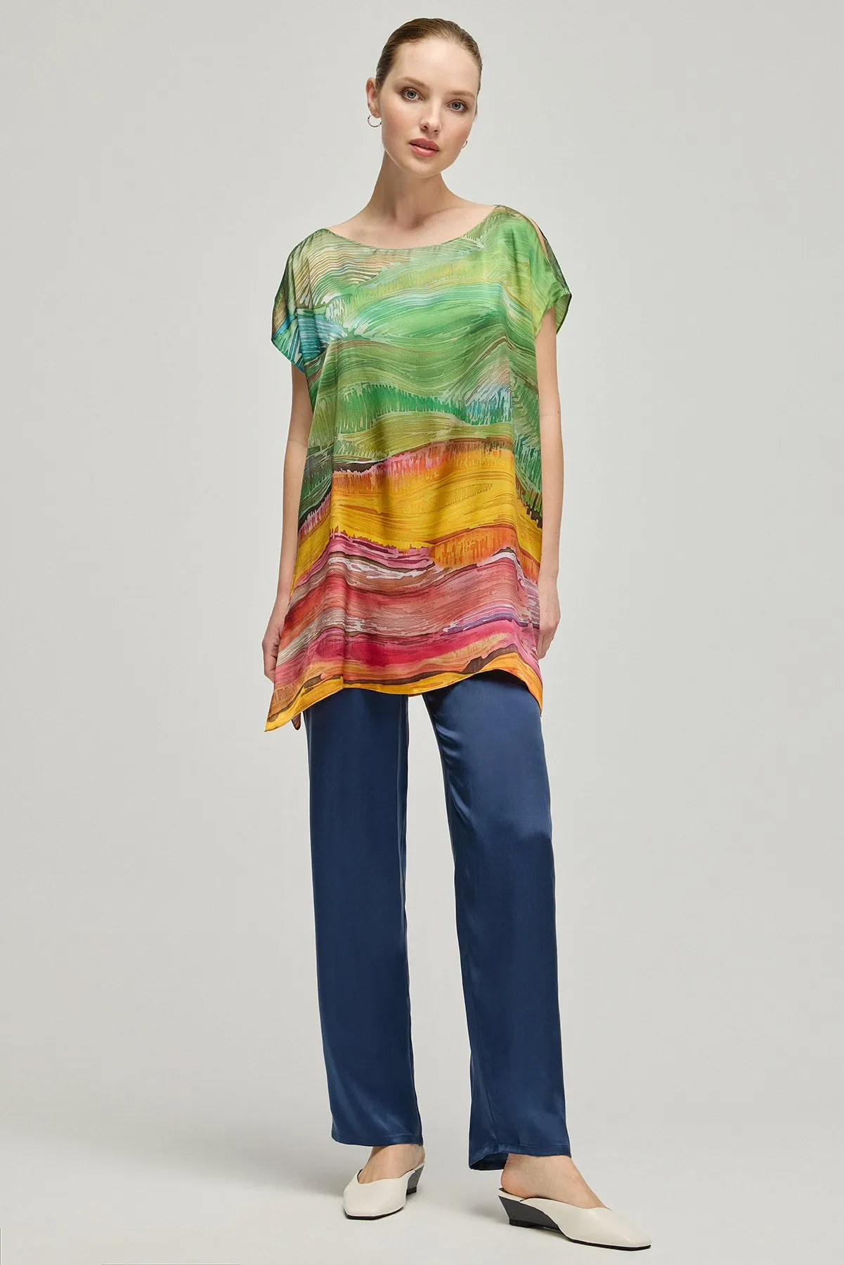 Multi Color Nature Silk Printed Short Sleeve Tunic