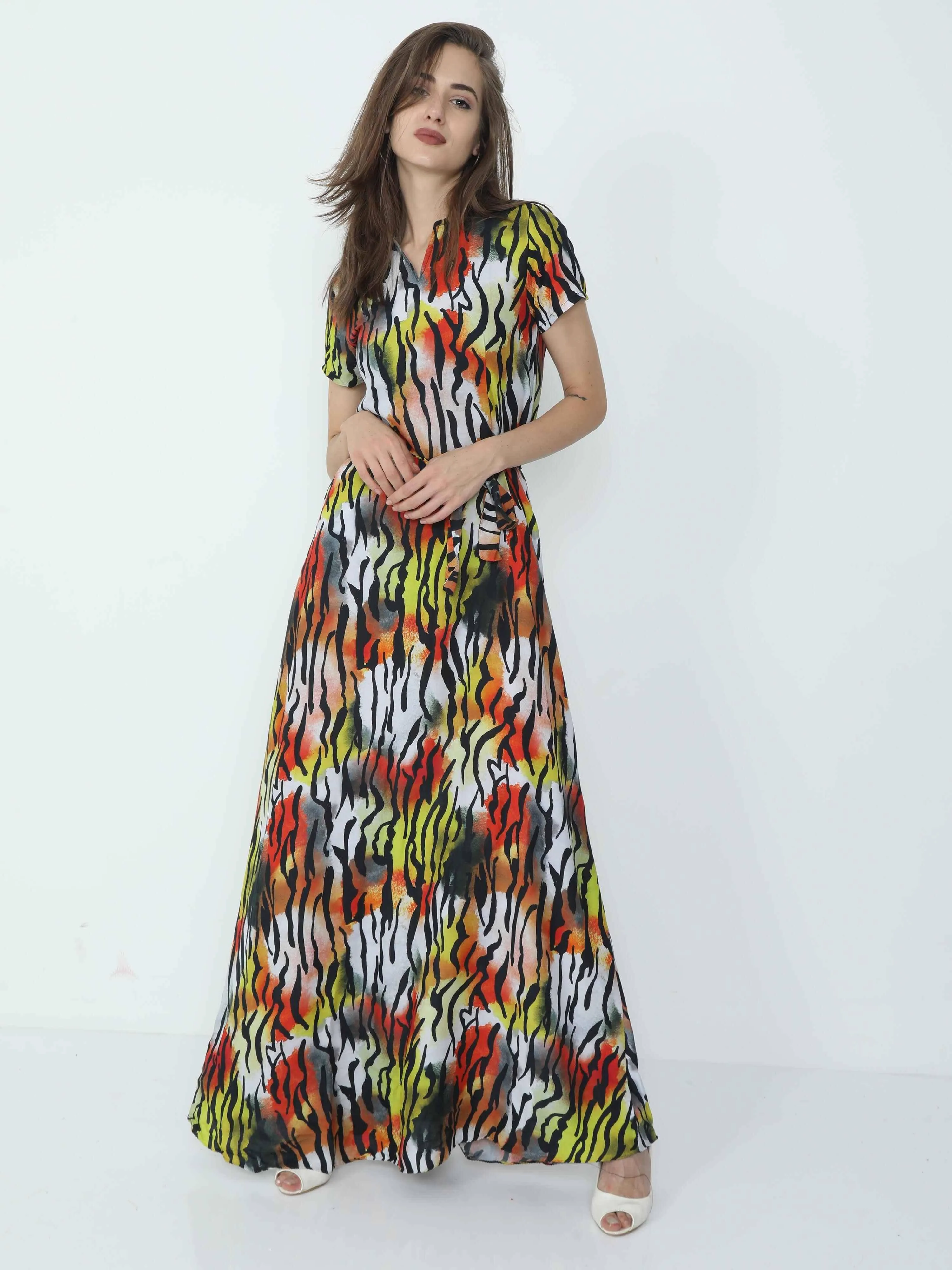 Multicolored Digital Print Fit & Flare Maxi Dress