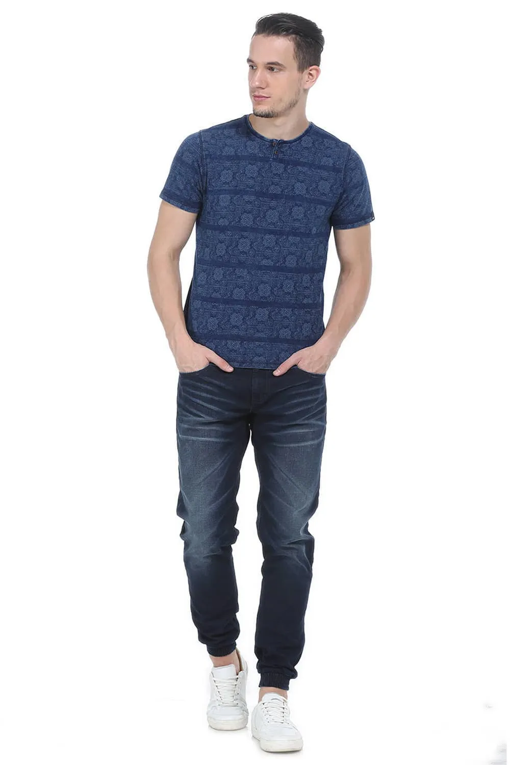 Muscle Fit Henley Printed T Shirt