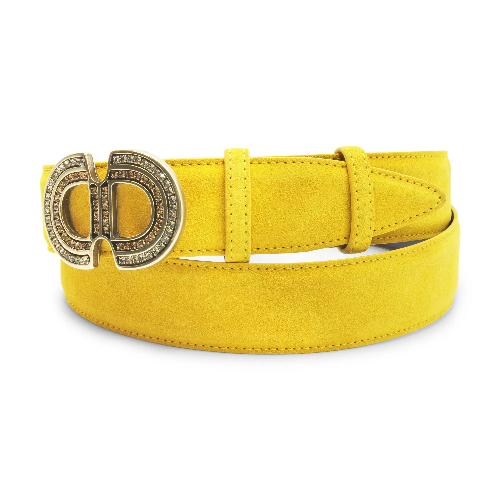 Mustard Suede Double Interlock Crystal Buckle Belt