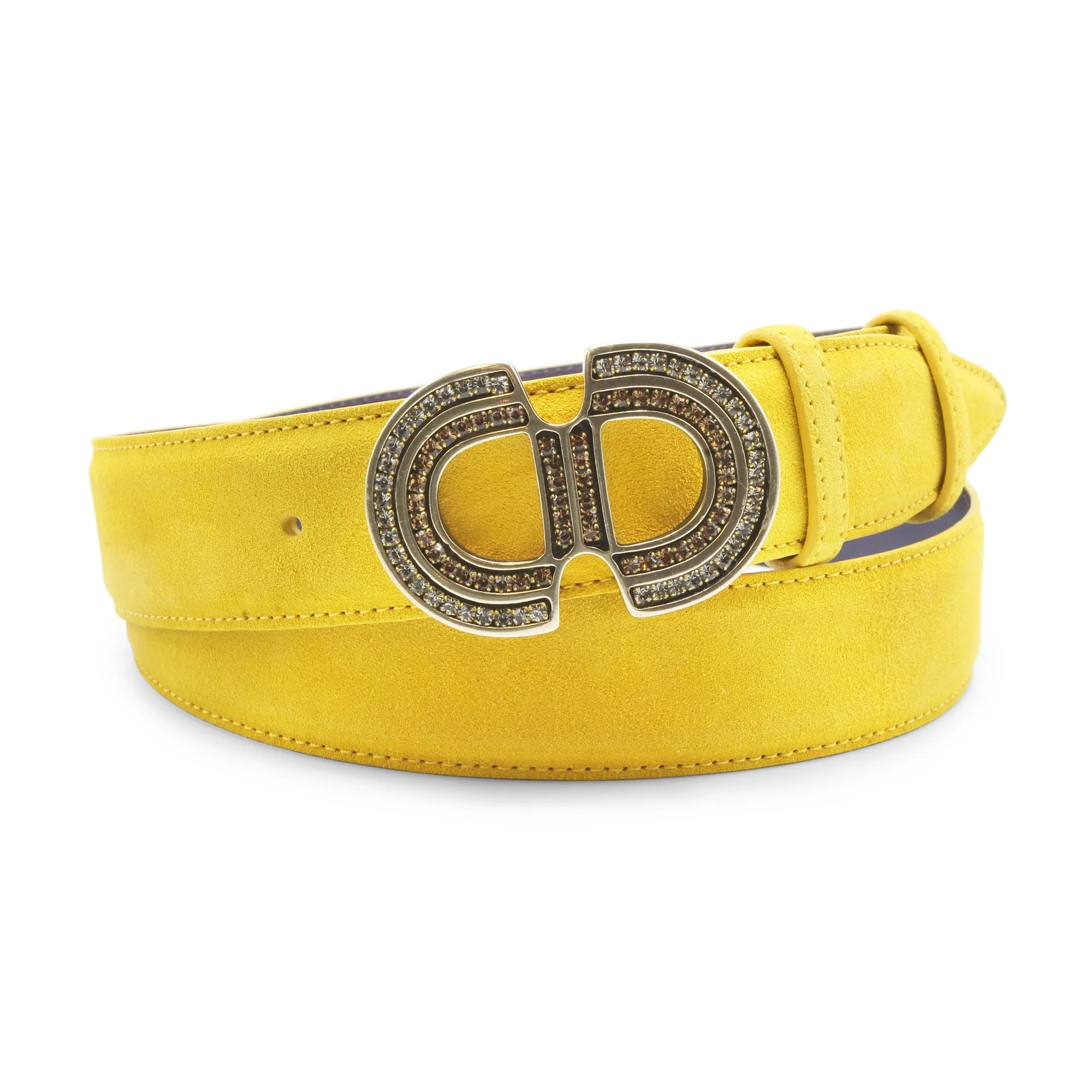 Mustard Suede Double Interlock Crystal Buckle Belt