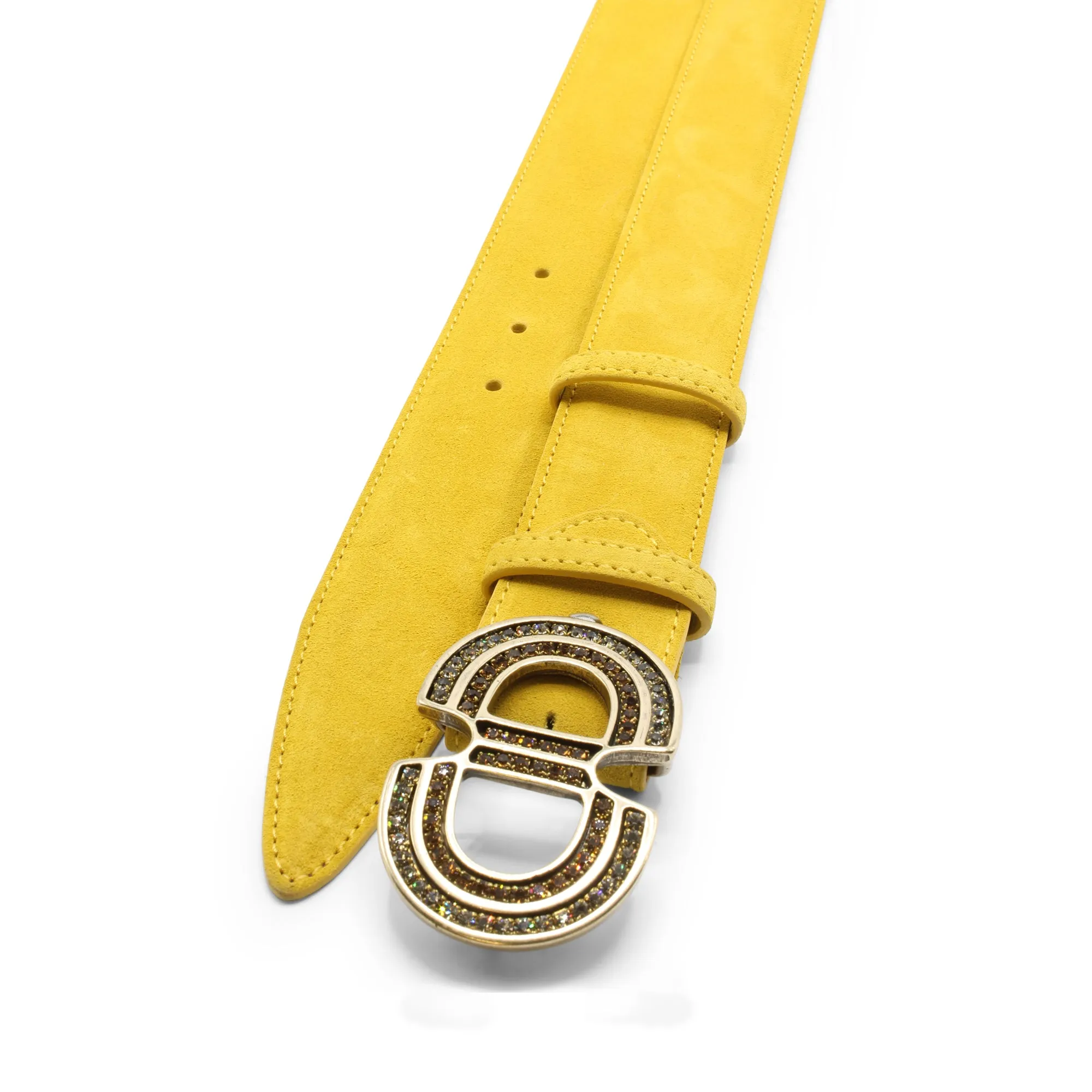 Mustard Suede Double Interlock Crystal Buckle Belt