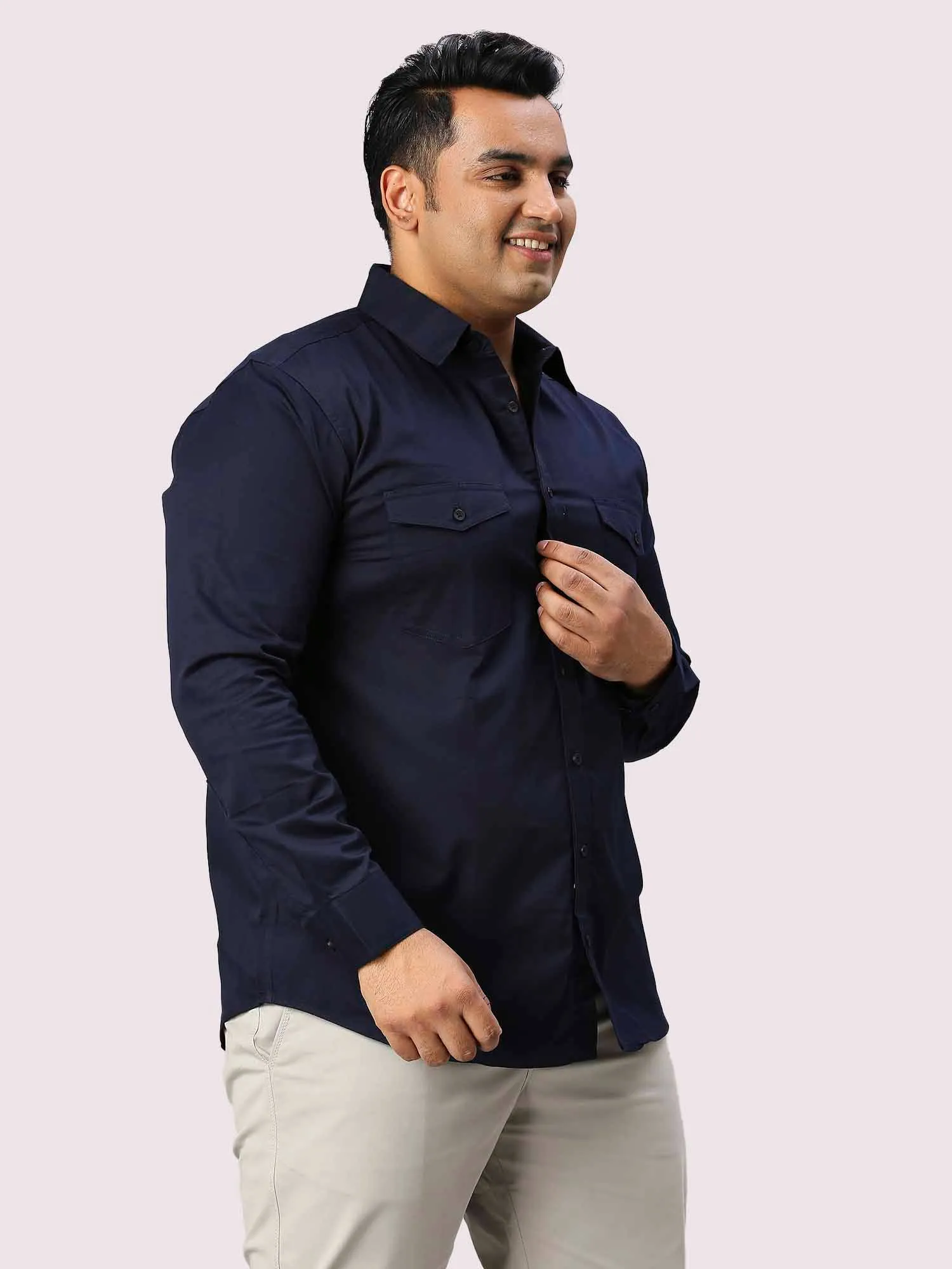 Navy Blue Solid Pure Cotton Double Pocket Full Sleeve Shirt Men's Plus Size