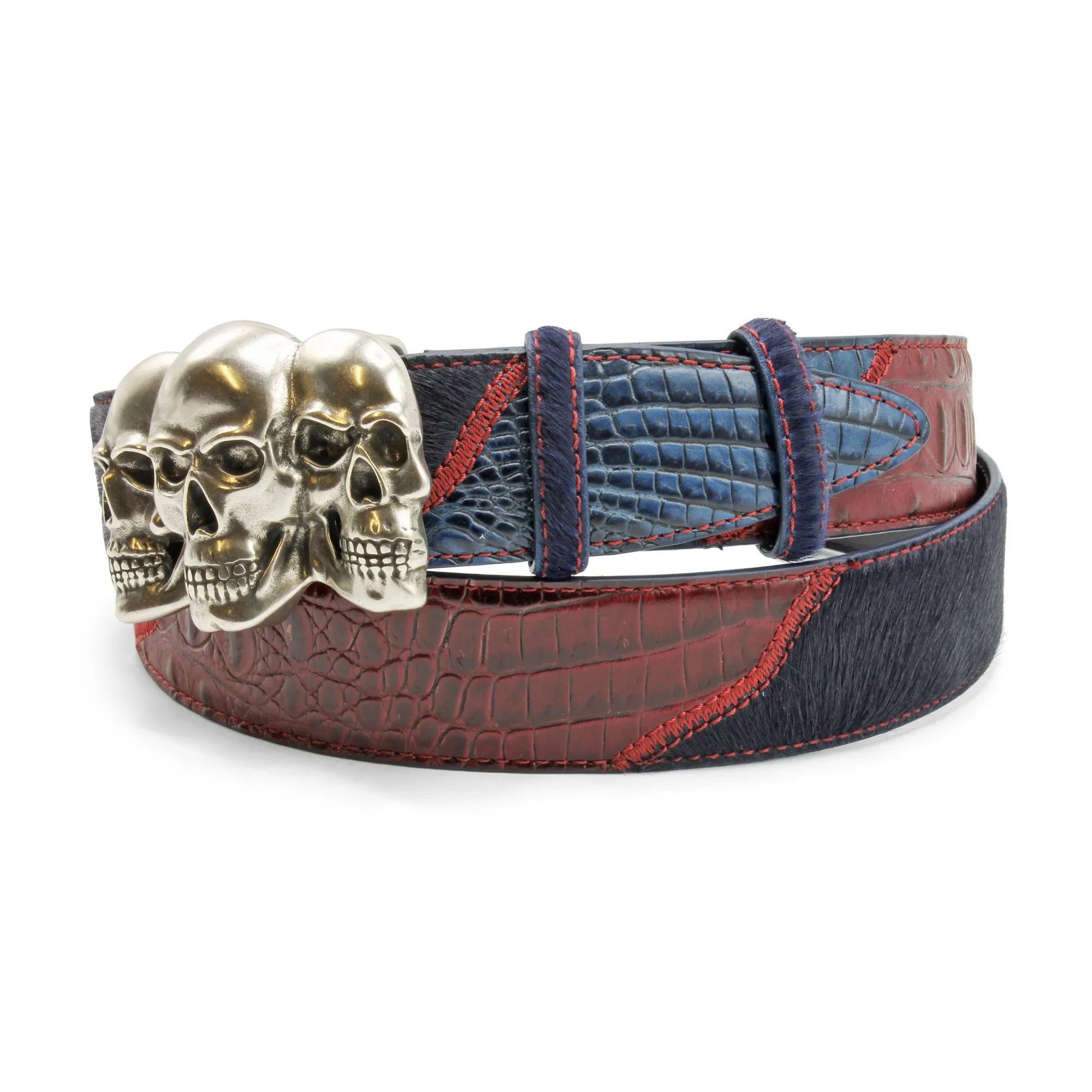 Navy/Burgundy Croc/Pony Mix Greystoke Triple Skull Belt