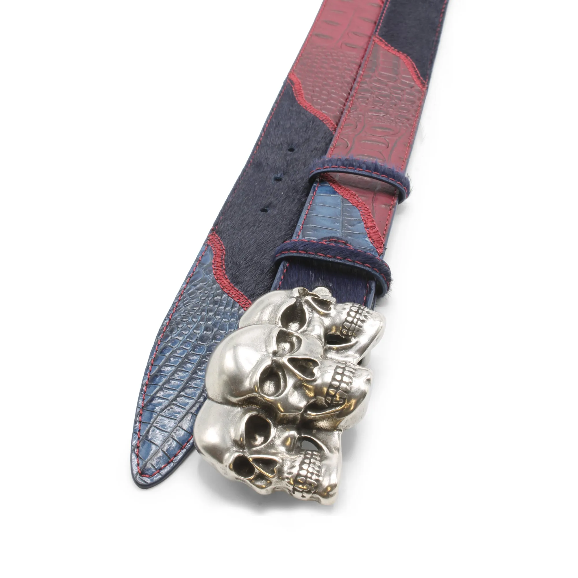 Navy/Burgundy Croc/Pony Mix Greystoke Triple Skull Belt