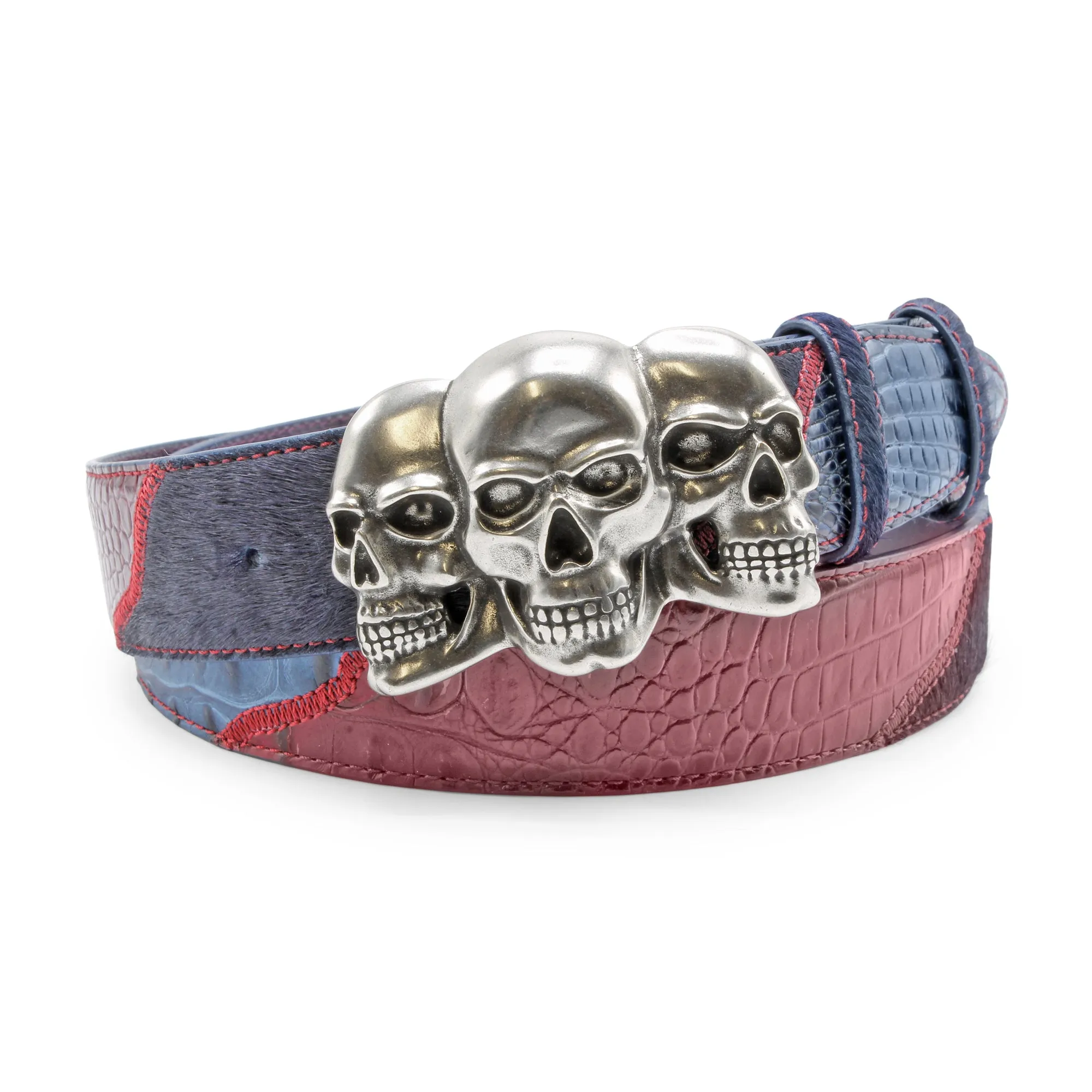 Navy/Burgundy Croc/Pony Mix Greystoke Triple Skull Belt