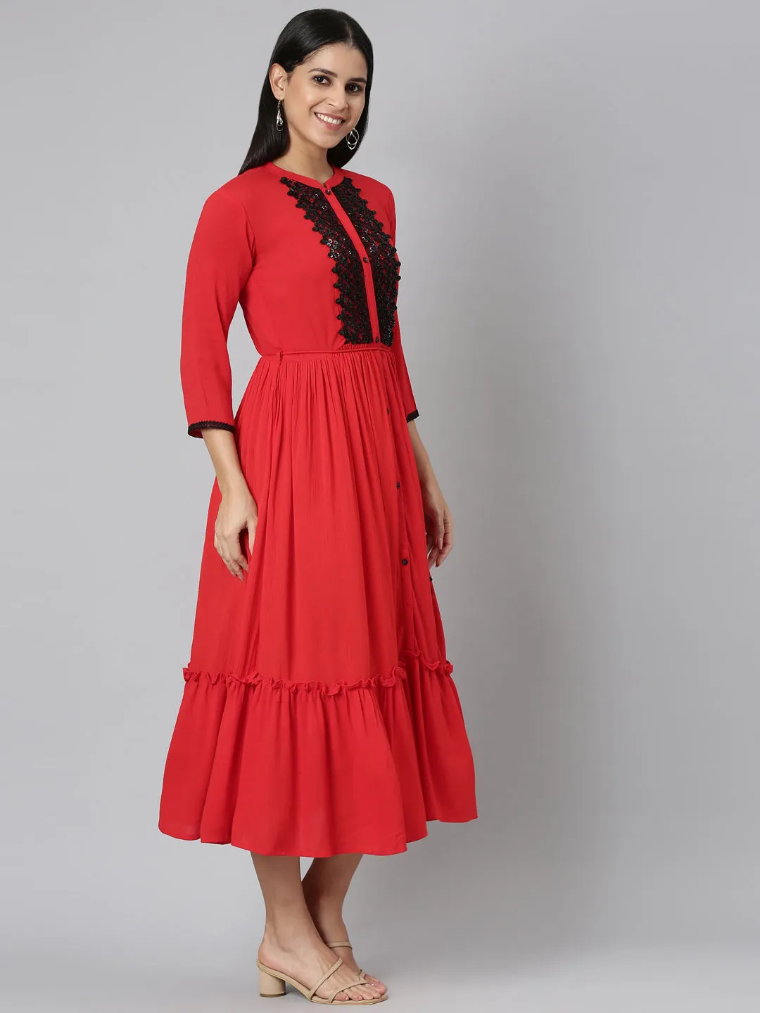 Neerus Red Flared Casual Solid Maxi Dresses