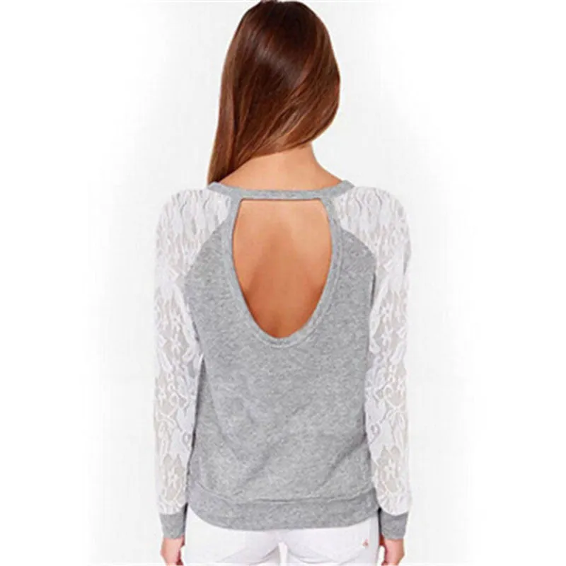 New 2016 Spring Autumn Women Backless Embroidery Lace Casual Hoodies Long Sleeve Sweatshirts Ladies