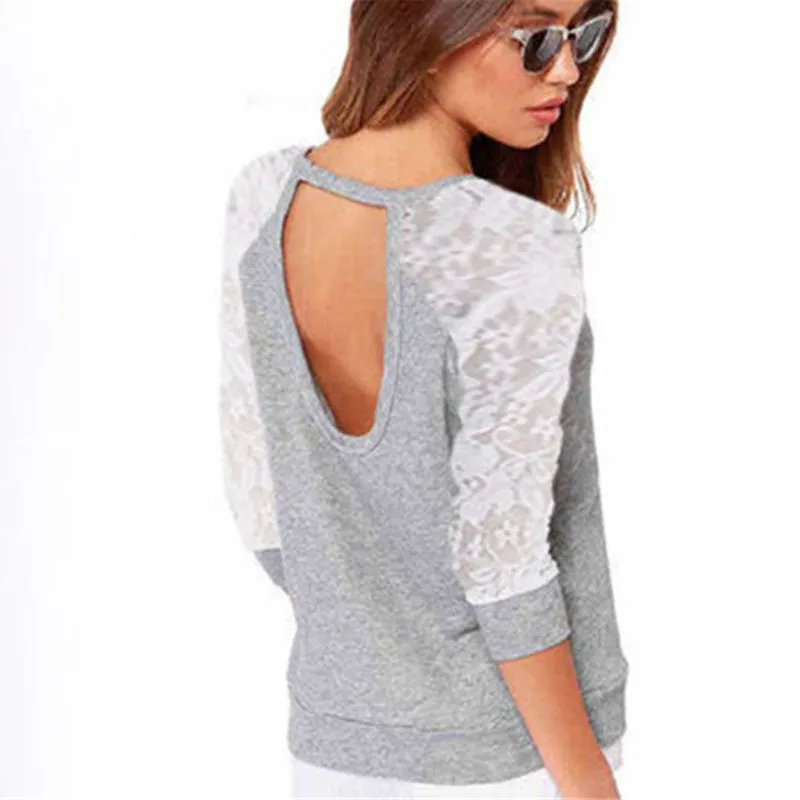 New 2016 Spring Autumn Women Backless Embroidery Lace Casual Hoodies Long Sleeve Sweatshirts Ladies