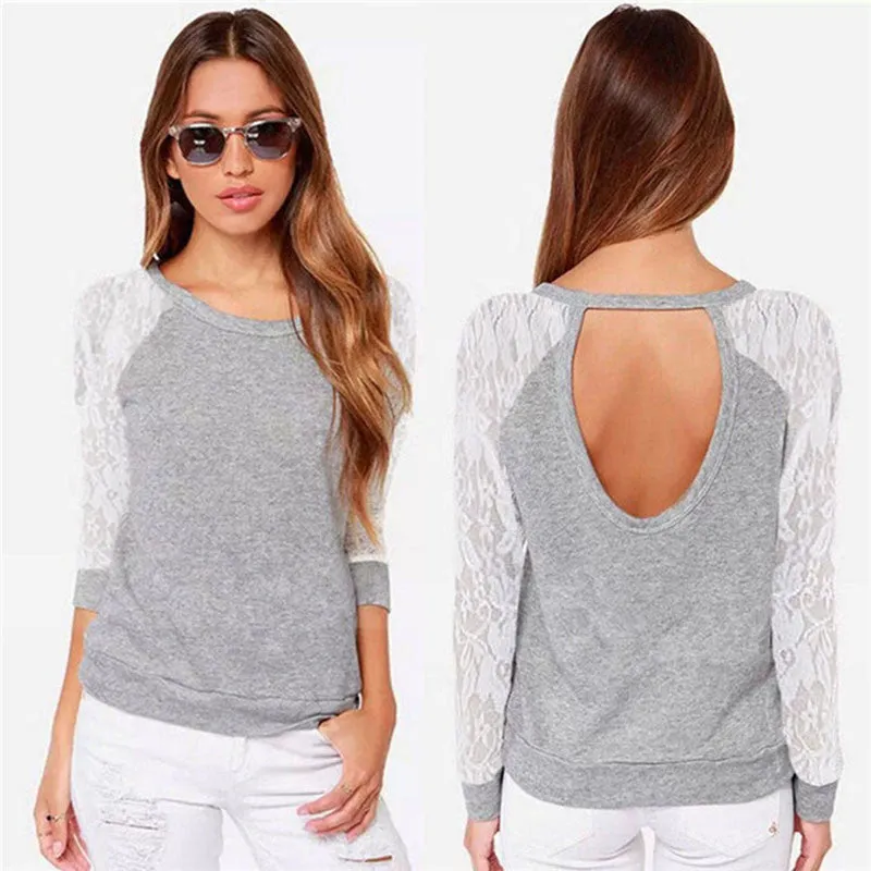 New 2016 Spring Autumn Women Backless Embroidery Lace Casual Hoodies Long Sleeve Sweatshirts Ladies