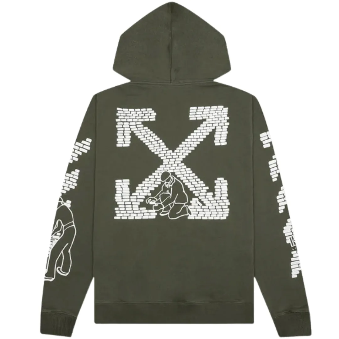 Off-White Bricks Design Slim Fit Army Green Hoodie