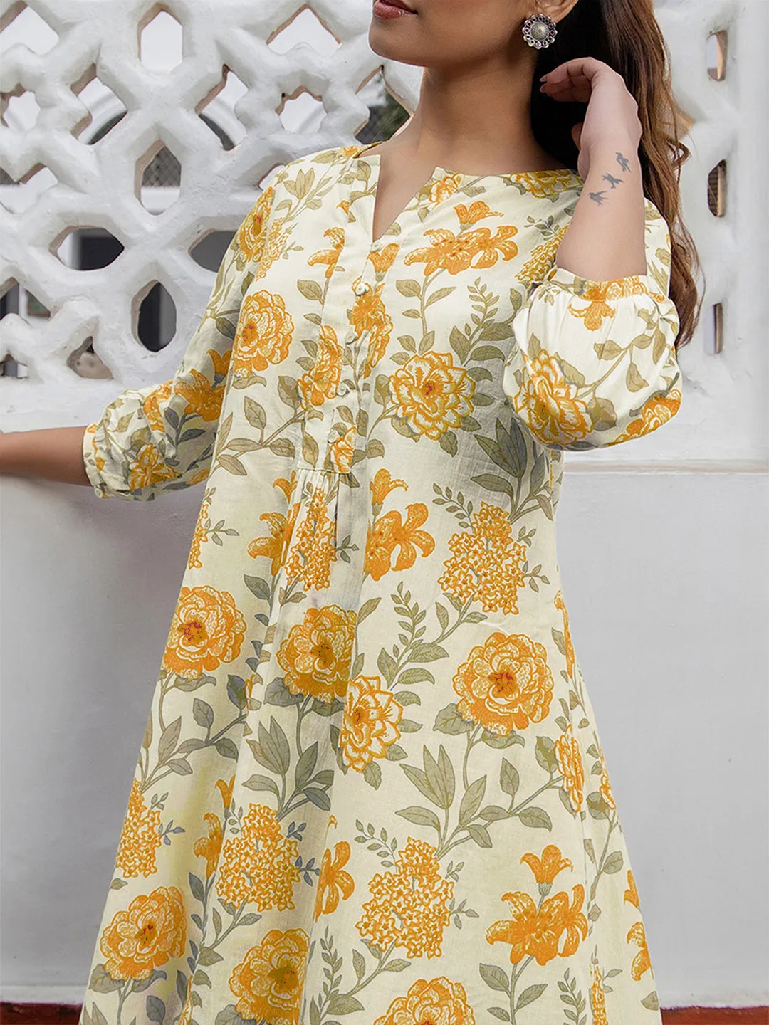 Off White Pure Cotton Floral Printed A-Line Tunic - By Janasya