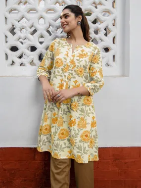 Off White Pure Cotton Floral Printed A-Line Tunic - By Janasya