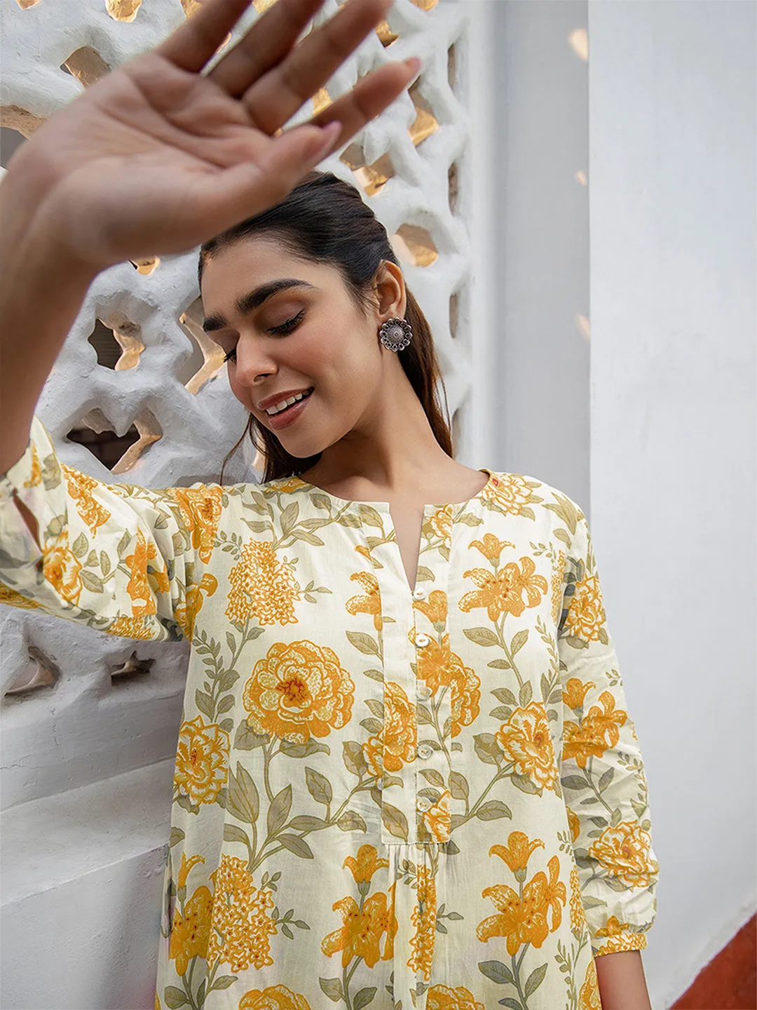 Off White Pure Cotton Floral Printed A-Line Tunic - By Janasya