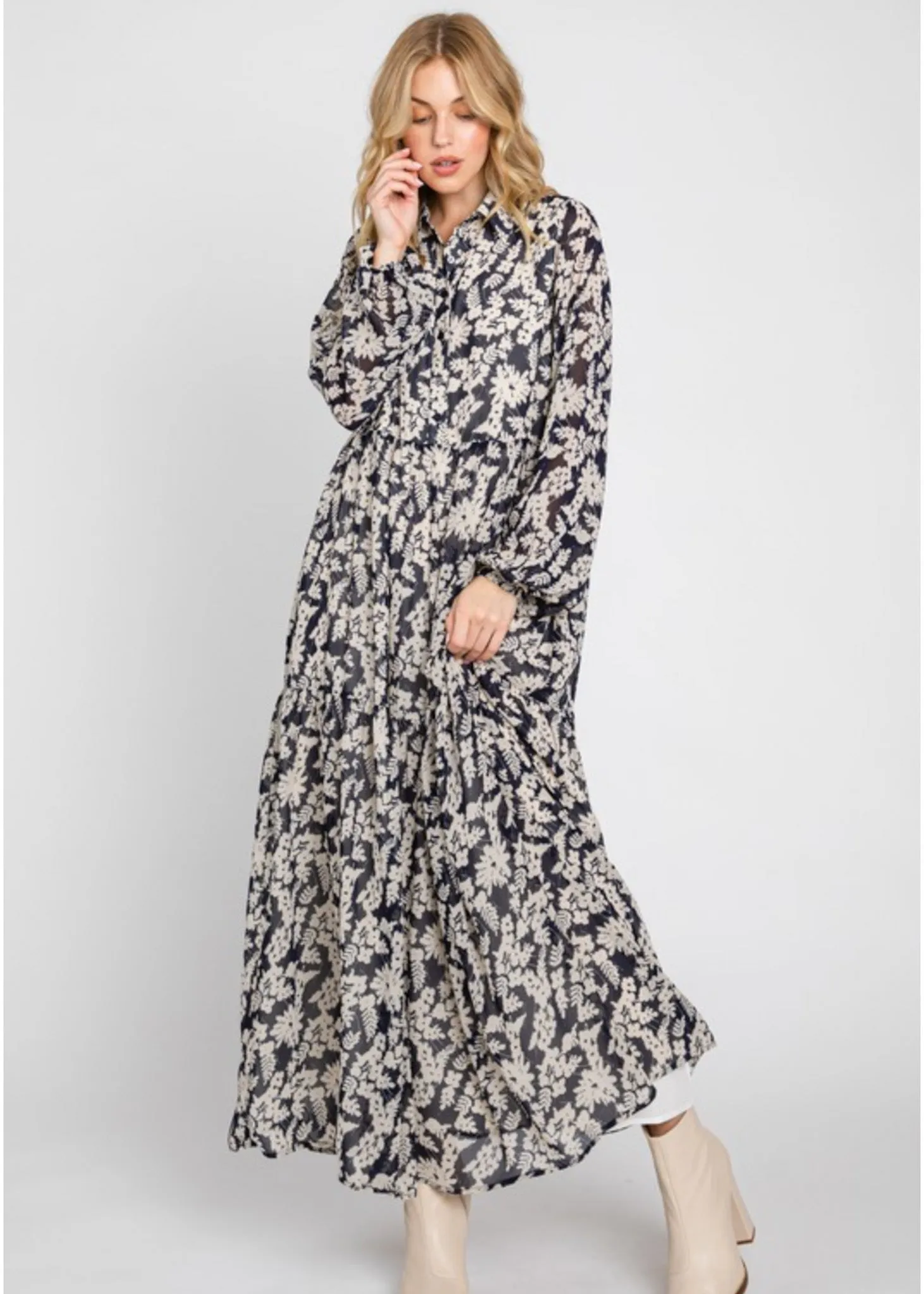 Oslo, Long Sleeve, Chiffon, Floral Patterned, Tiered, Midi Dress, Navy with Ivory