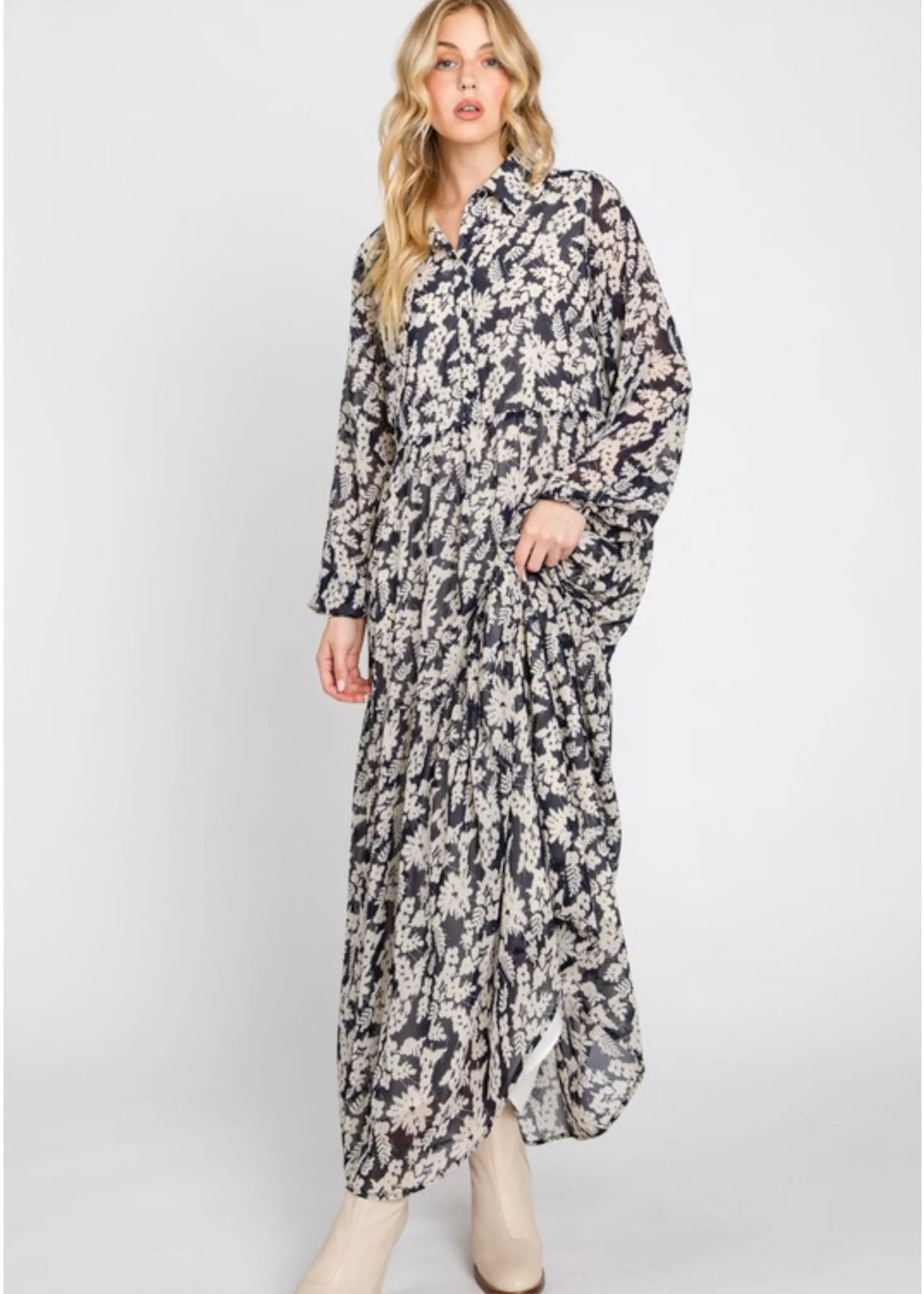 Oslo, Long Sleeve, Chiffon, Floral Patterned, Tiered, Midi Dress, Navy with Ivory