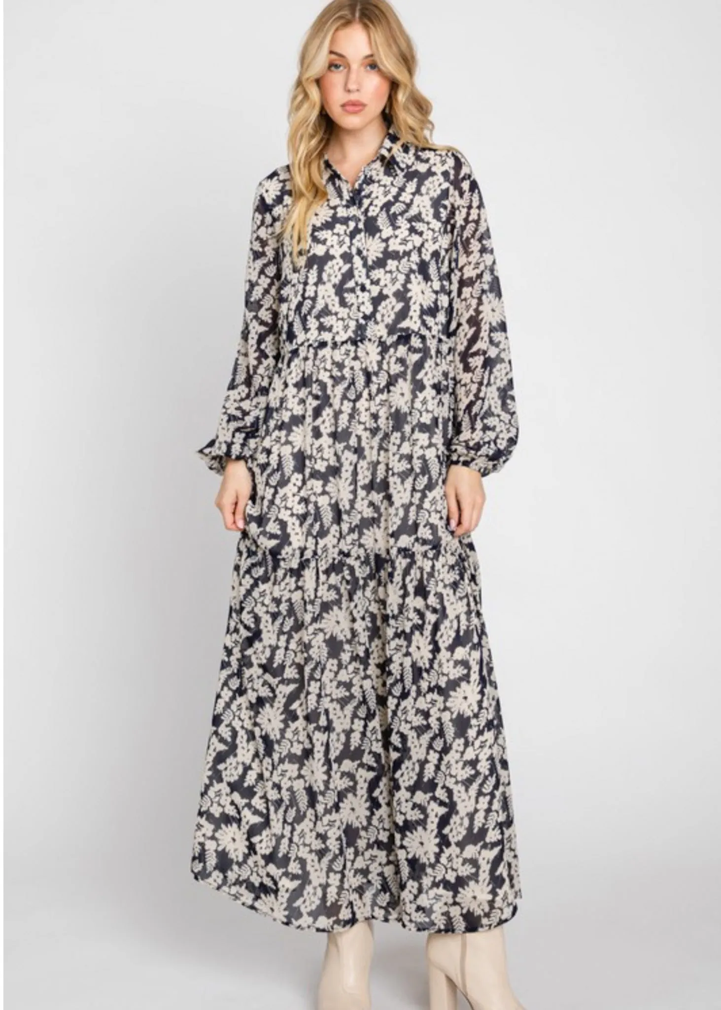 Oslo, Long Sleeve, Chiffon, Floral Patterned, Tiered, Midi Dress, Navy with Ivory