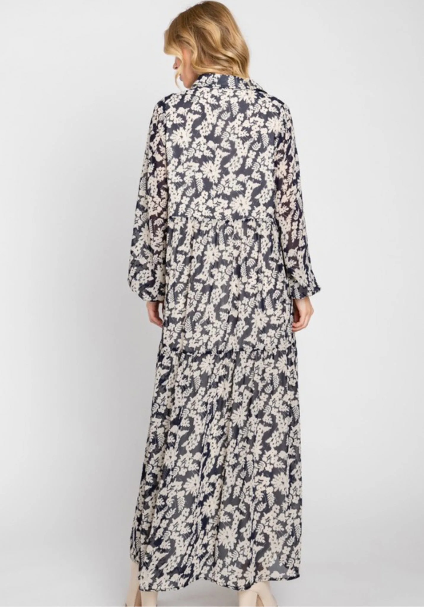 Oslo, Long Sleeve, Chiffon, Floral Patterned, Tiered, Midi Dress, Navy with Ivory