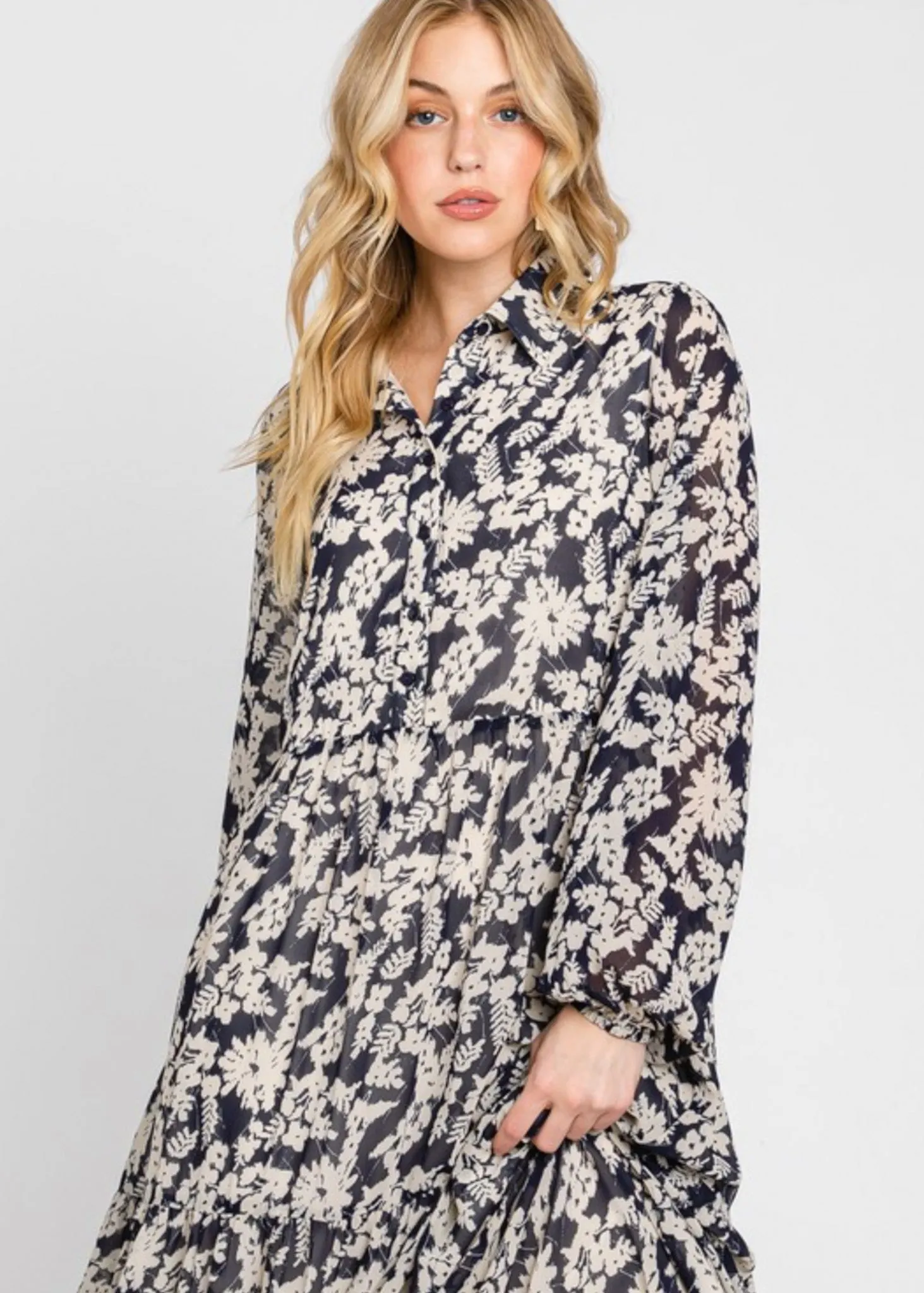 Oslo, Long Sleeve, Chiffon, Floral Patterned, Tiered, Midi Dress, Navy with Ivory