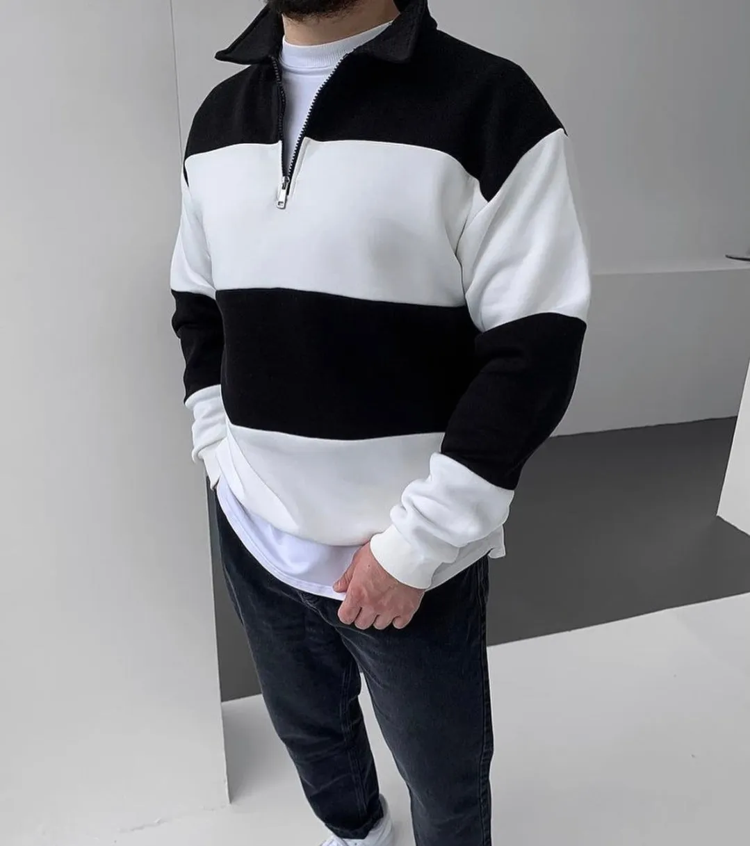 Oversize Colour Block Black & White Half Zip Collar Sweatshirt