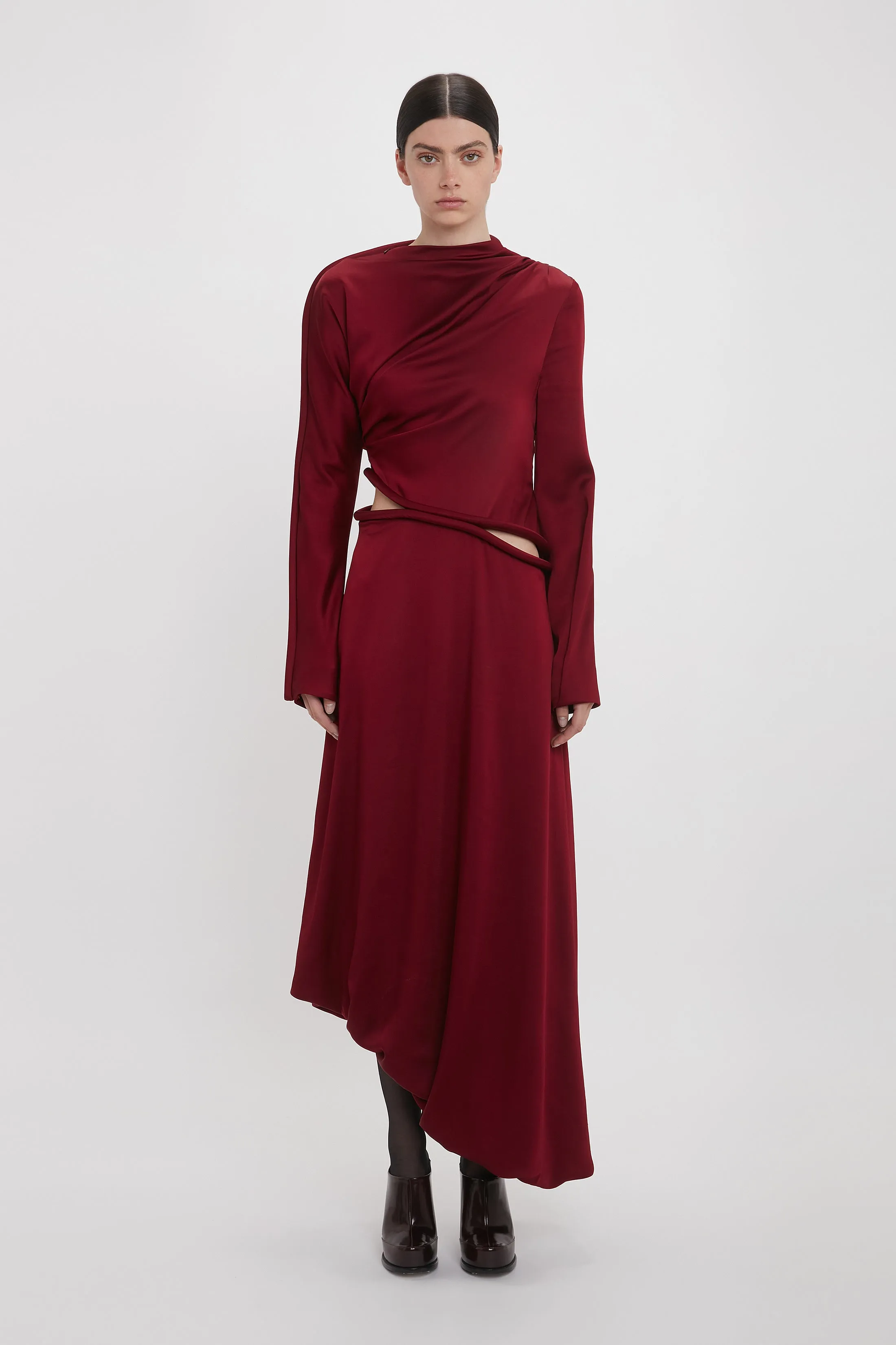 Padded Tube Detail Midi Dress In Oxblood