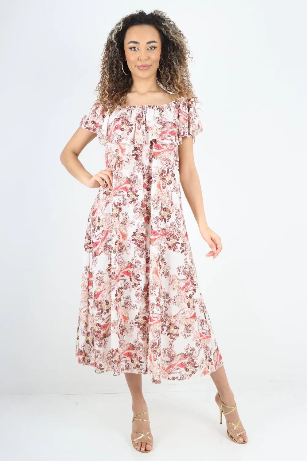 Paisley Printed  Bardot Maxi Dress