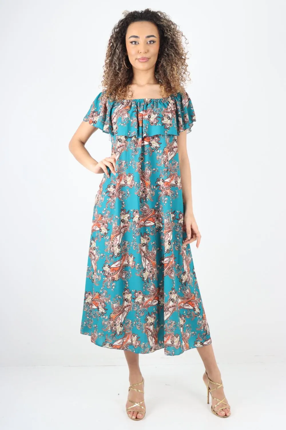 Paisley Printed  Bardot Maxi Dress