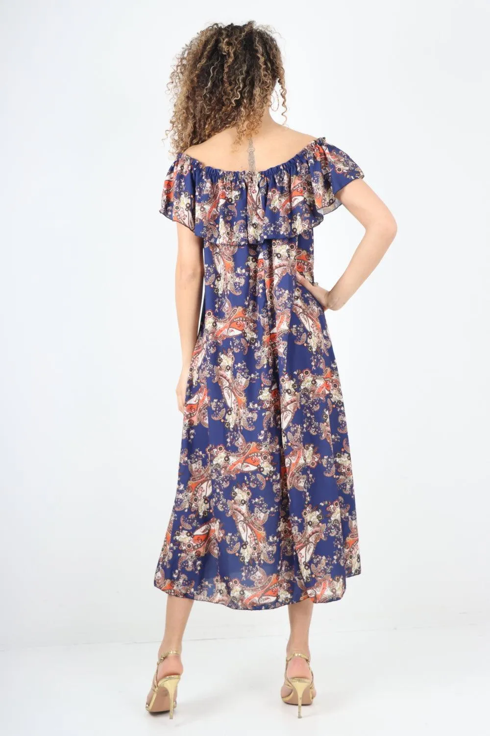 Paisley Printed  Bardot Maxi Dress