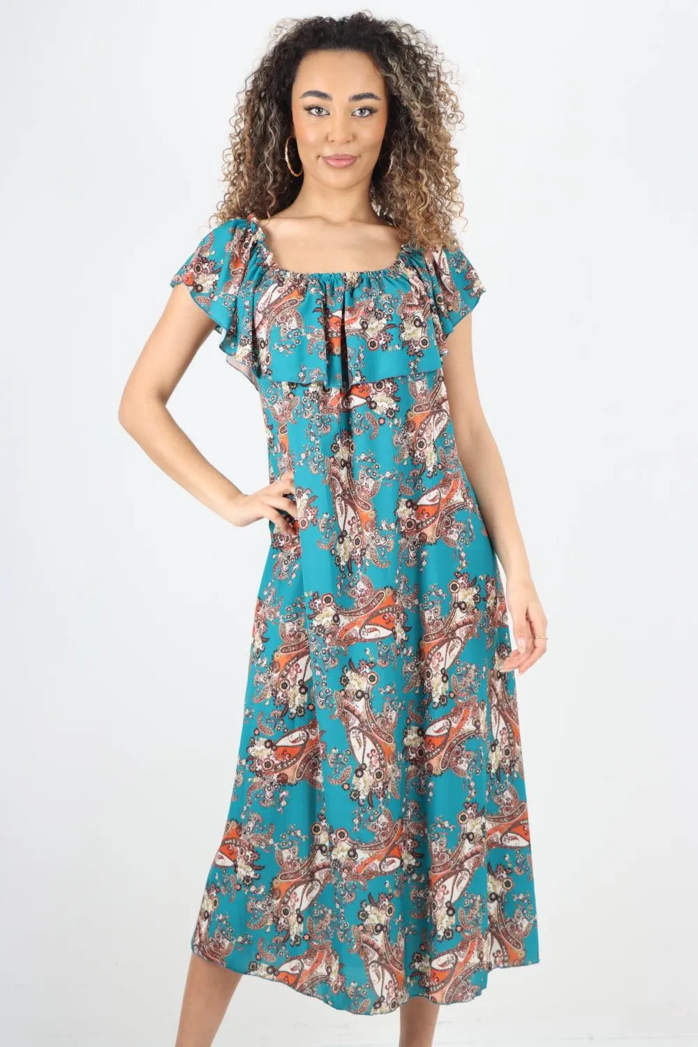 Paisley Printed  Bardot Maxi Dress