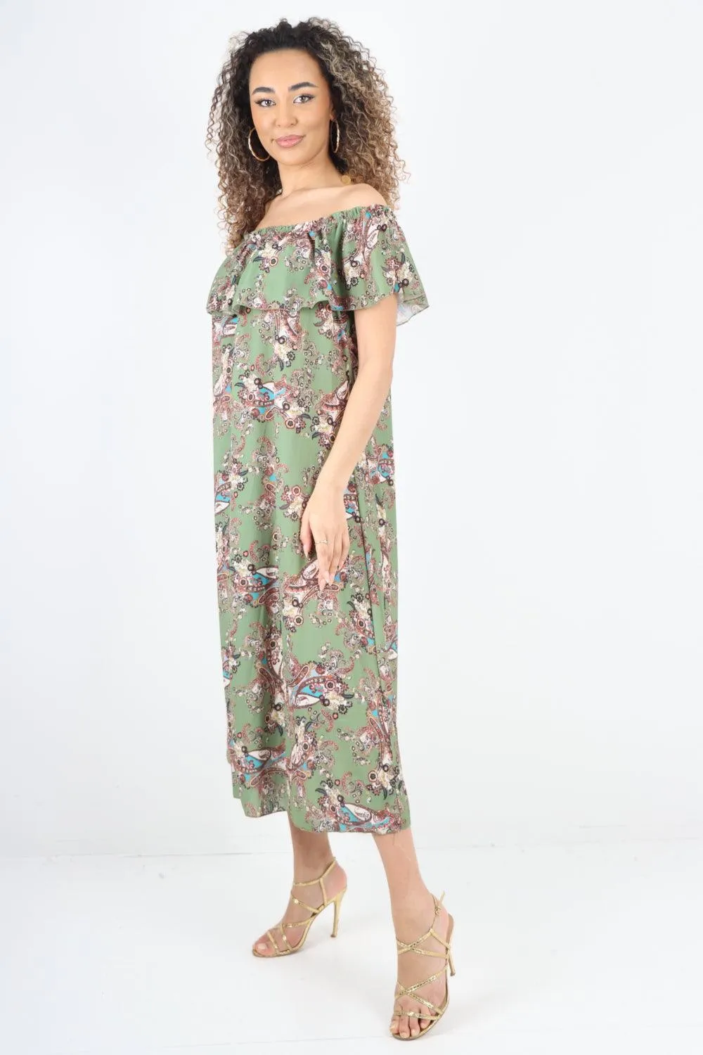 Paisley Printed  Bardot Maxi Dress