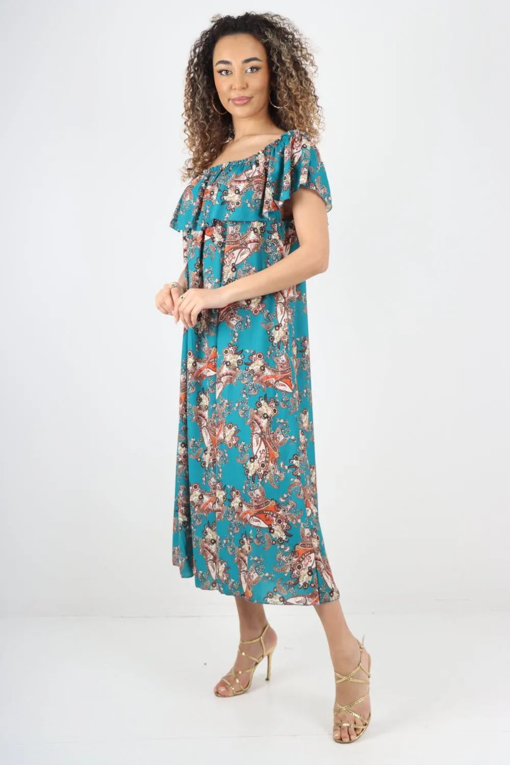 Paisley Printed  Bardot Maxi Dress