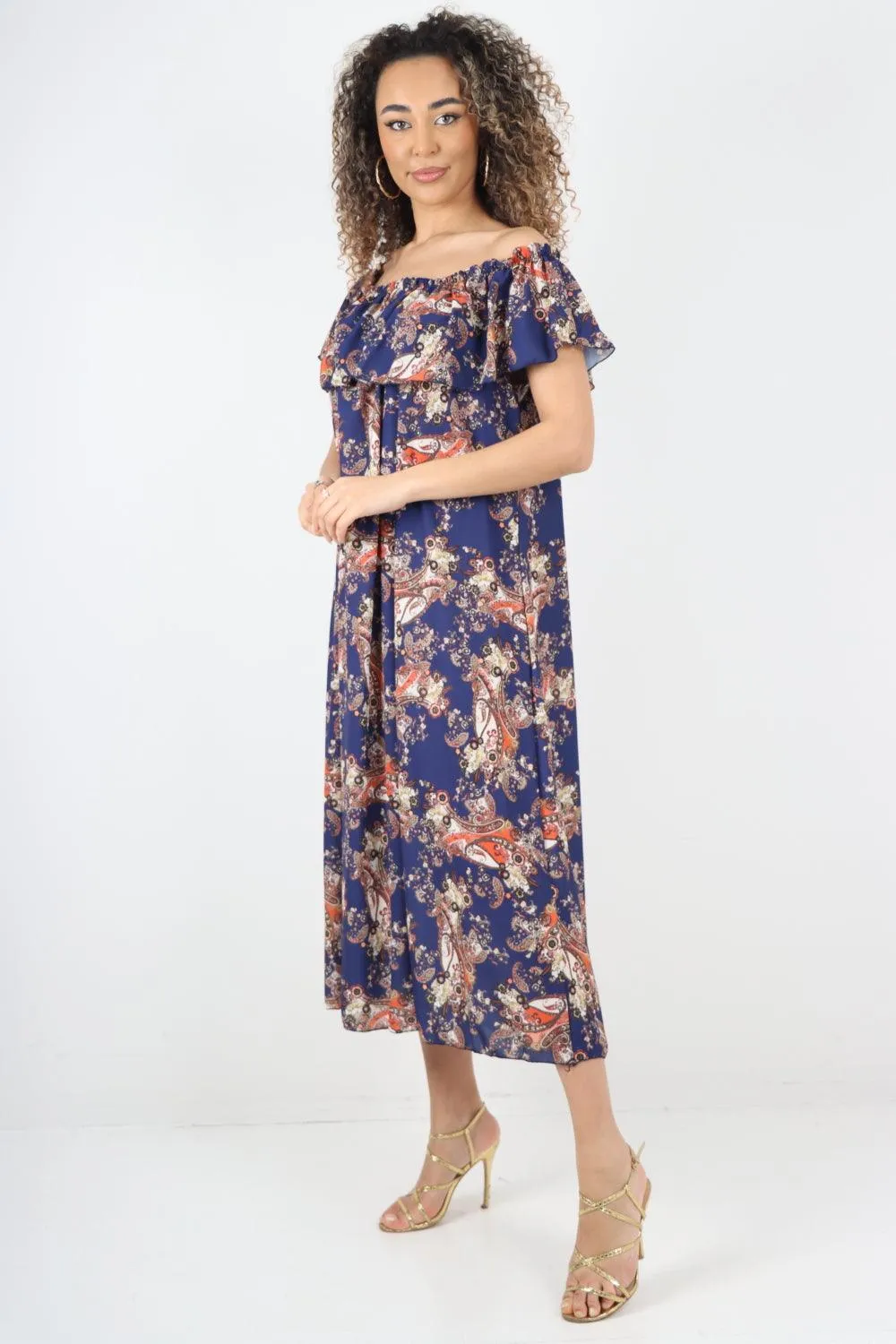 Paisley Printed  Bardot Maxi Dress