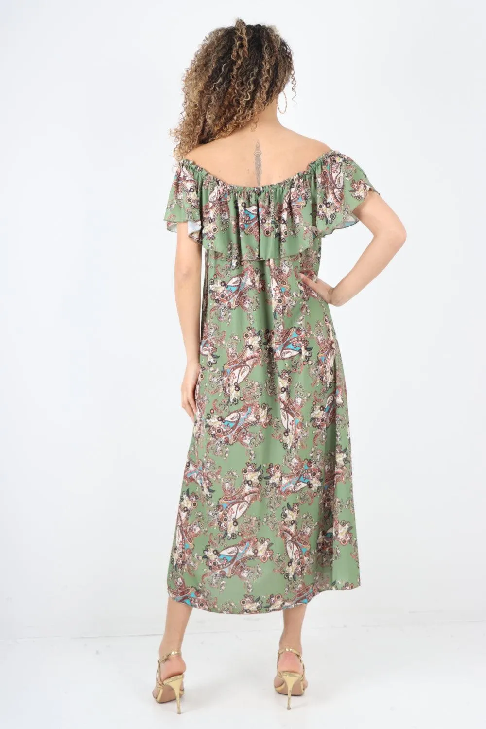 Paisley Printed  Bardot Maxi Dress