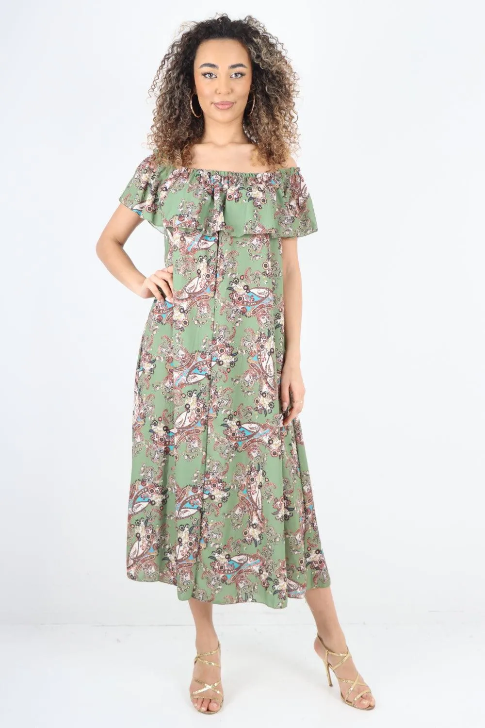 Paisley Printed  Bardot Maxi Dress