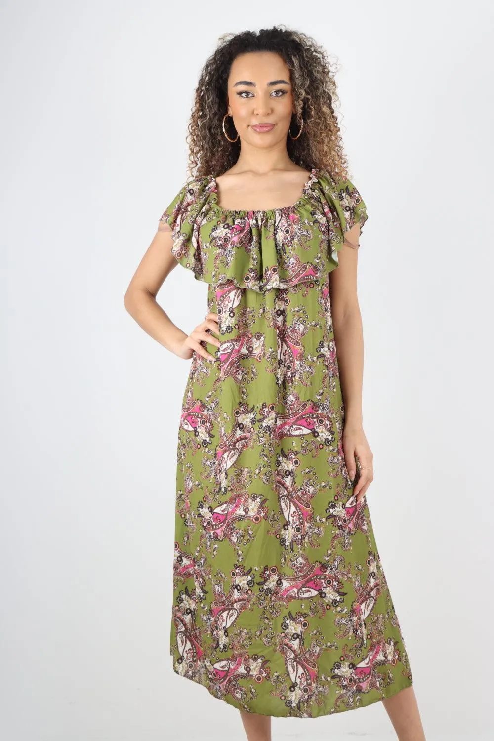 Paisley Printed  Bardot Maxi Dress