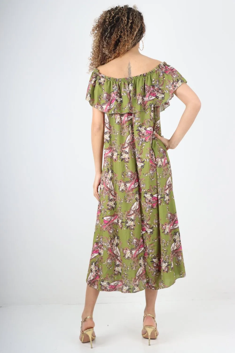 Paisley Printed  Bardot Maxi Dress