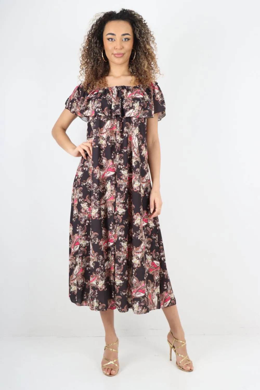 Paisley Printed  Bardot Maxi Dress