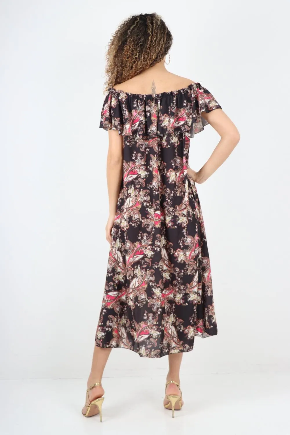 Paisley Printed  Bardot Maxi Dress