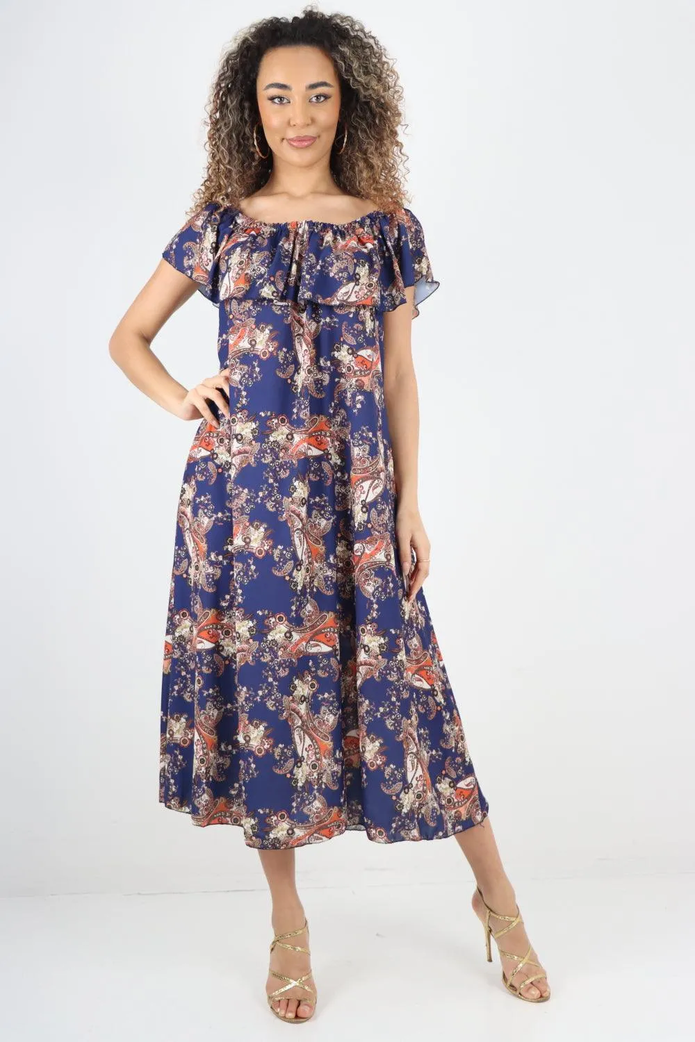 Paisley Printed  Bardot Maxi Dress